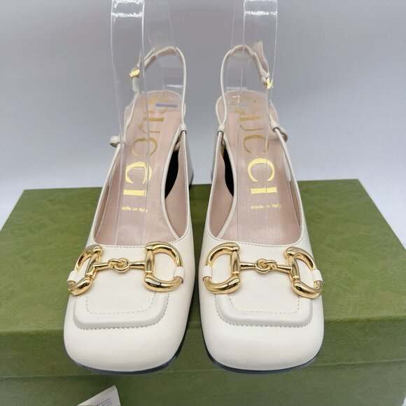 Gucci GG Slingback Horsebit Pump Chunk Heel Mystic White Leather EU 41.5 US 11.5 - Picture 6 of 12